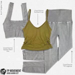 FP MOVEMENT GOOD KARMA SET: RUCHED CROP, SQUARE NECK BRA, LEGGINGS GREEN & GREY